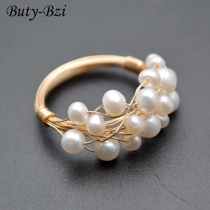 Handmade Natural Pearl Roundle Beads Wire Wrapped Lacework Multi Rows Rings Fashion Woman Jewelry