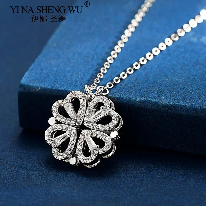 Real S925 Sterling Silver Necklace for Women Love Four-leaf Clover Pendant Fashion Creative Wild Clavicle Chain Two Ways to Wear