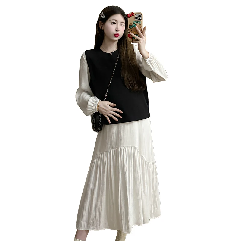 Korean Style Maternity Clothes Set for Autumn Long Sleeve Loose Dress+black Vest Twinset Fashion Pregnant Woman Dresses Suits
