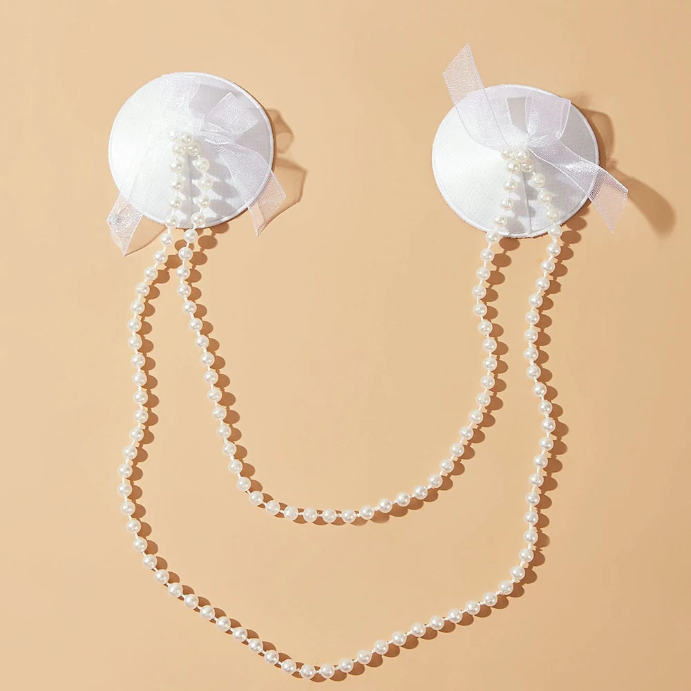 Sexy 1 Pair Pearl Chain Decor Nipple Stickers for Women Bra Nipple Cover Reusable Wear Silicone Nipple Pasties Chest Stickers