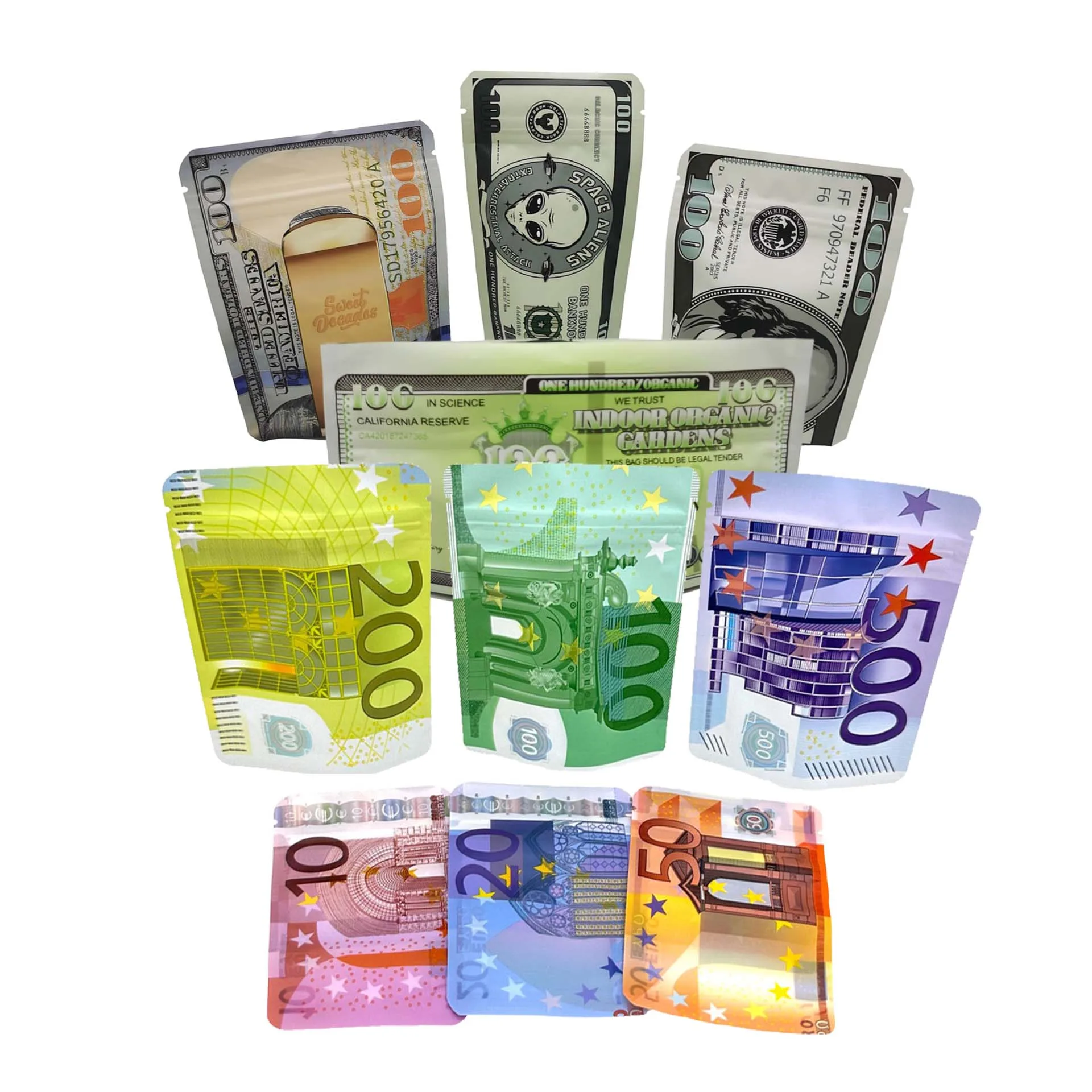 1G 3.5G Dollari Euro Pattern Mylar Bag Commestibile Gummies Packaging Stand Up Pouch Foglio Di Alluminio Sacchetti Ziolock Richiudibili A Prova Di Odo