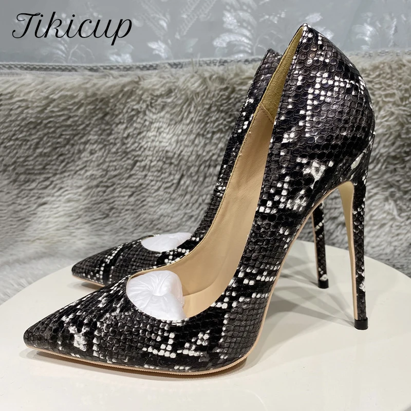 

Tikicup Black White Snakeskin Embossed Pattern Women Pointy Toe High Heel Shoes for Party Sexy Slip On Dress Stiletto Pumps