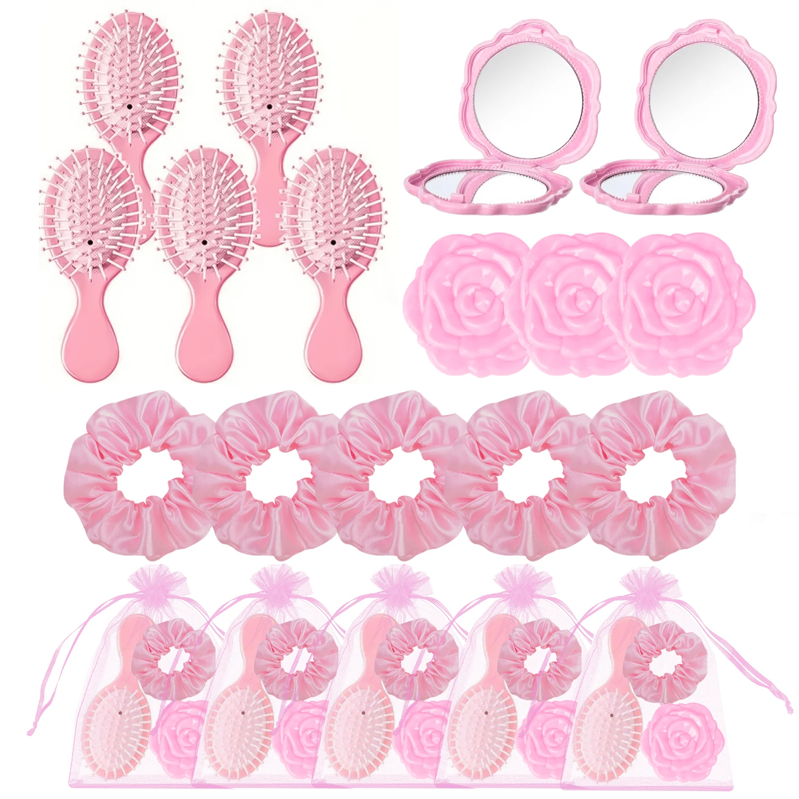 Bridal shower gifts pink hair brush pink makeup mirror organza bag wedding hair accessories bridesmaid birthday party 20pcs hair accessories