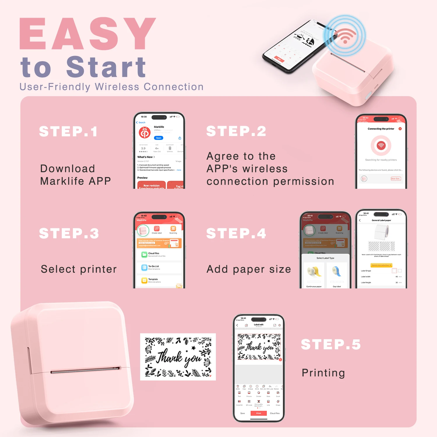 Marklife S2 휴대용 열전사 프린터(테이프 포함) 2인치 접착 라벨 프린터 미니 블루투스 스티커 메이커 지원 스마트폰 PC