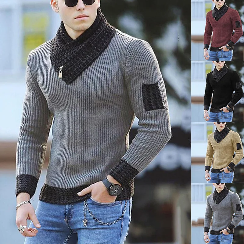 Sweater mænds 2023 efterår/vinter høj krave langærmet slim fit strikket top stor sweater til mænd584_voghion.com