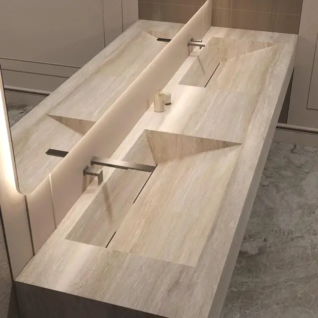 ชุดอ่างล้างหน้าหินไร้รอยต่อ, ตู้ห้องน้ำแบบชิ้นเดียว, อ่างล้างหน้าเดี่ยว/คู่, ทนต่อคราบสกปรกและทนทาน, ปรับแต่งได้ 2