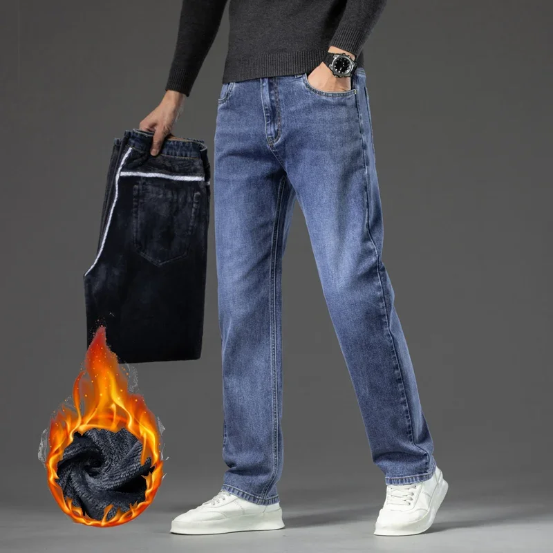 New Winter Men Plus Size Warm Fleece Stretch Straight Denim Jeans Male Plush Business Pants Casual Thick Velvet Regular Trousers 5