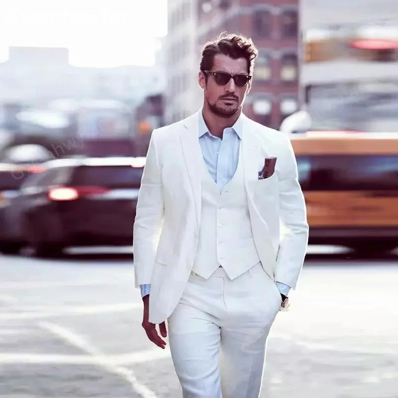 

Gwenhwyfar Fall 2022 Elegant Solid White Slim Fit Bridegroom Wedding Tuxedos 3-Piece Notch Lapel Prom Suits Formal Stage Costume