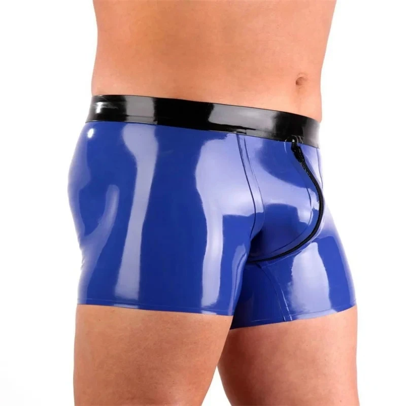 

Latex Sexy Men Underwear Front Zipper Rubber Panties Underpants Fetish Male Panties Short Dark Blue Boxer Underwear