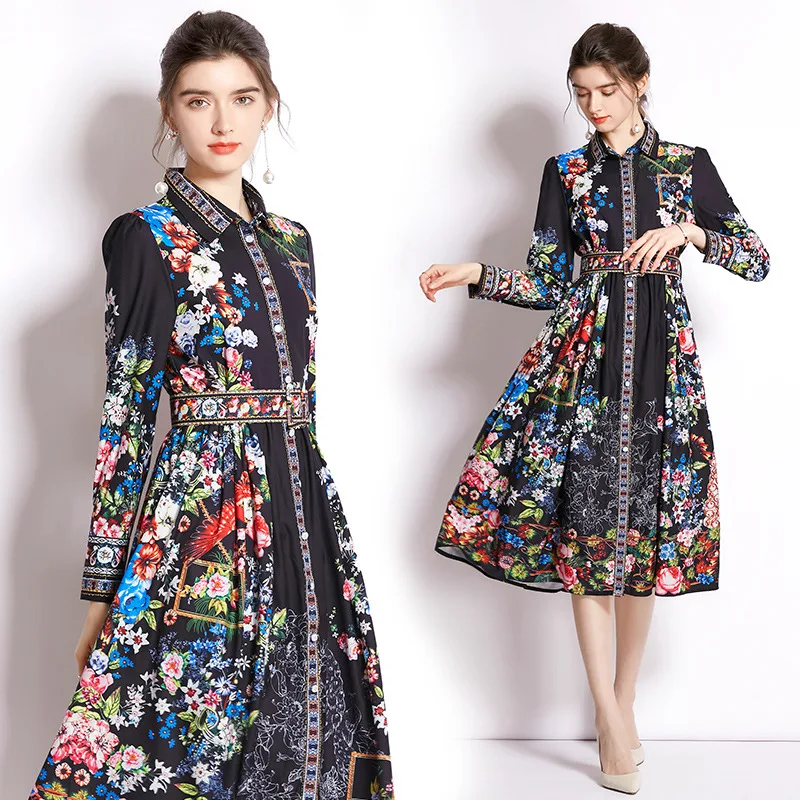 

New women's clothing European and American temperament Lapel long sleeve fashion printed single breasted medium length dress