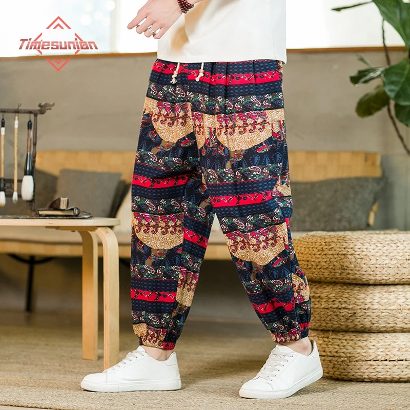 

Chinese Style Cotton and Linen Casual Pants Fashion Famous Clan Print Harem Pants Loose Drawstring Elastic Waist Bloomers