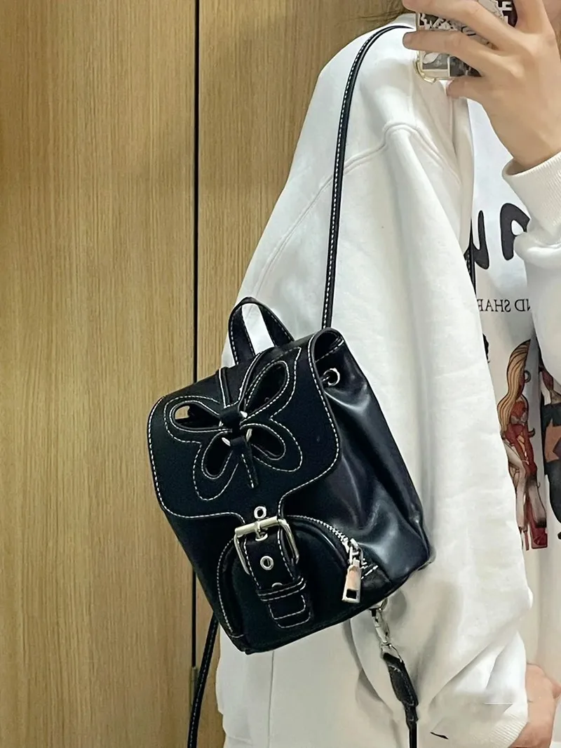 JulioFlorecer American Retro Spicy Girl Cutout Butterfly Y2K Versatile Female Black Backpack Mini Cute Hollowed Purse Chic Pouch