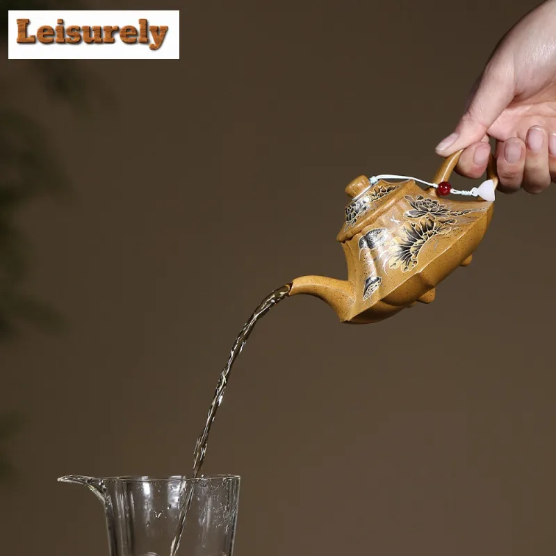 200ml Yixing Purple Clay Teapots Handmade Gilding  Cloud Furnace Pot Raw Ore The Keel Gold Sand Kettle With Infuser Zisha Teaset