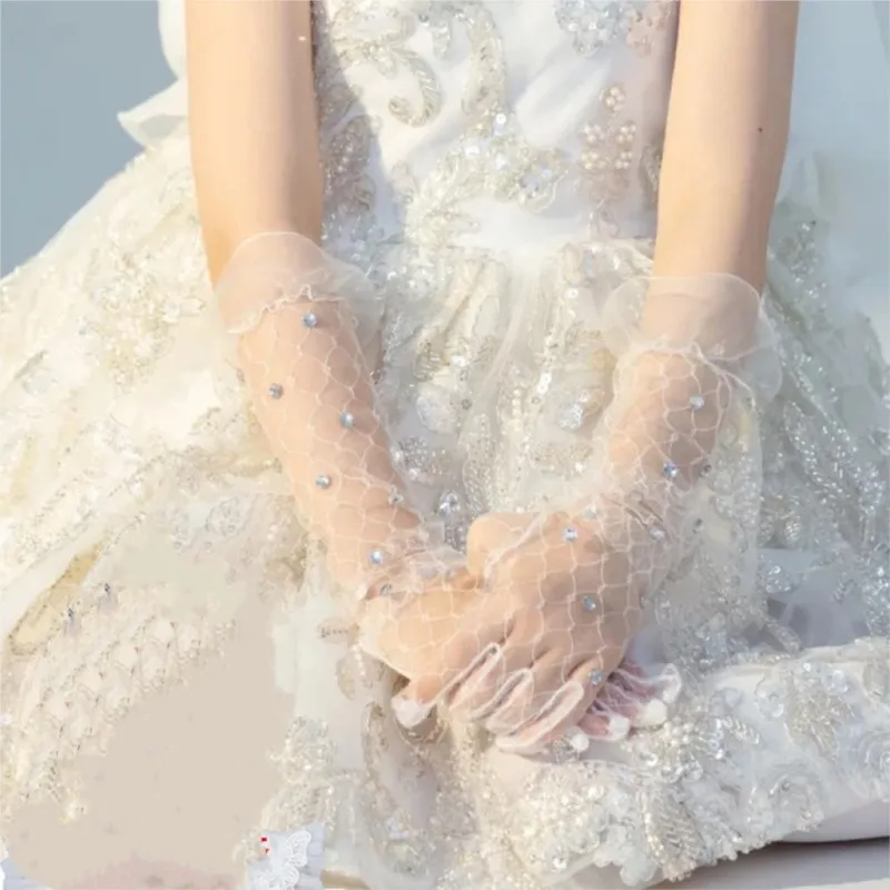 Fashion Baby Girl Princess Lace Five Fingers Gloves Sequins Wedding Party Pageant Thin Long Gloves Child Accessories
