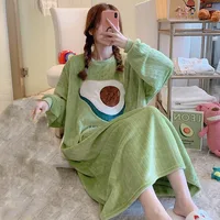 Winter Warm Pajamas Coral Fleece Long Sleeve Dresses Midi Length Cartoon Student Flannel Home Nightdress Striped Thickened Pajam