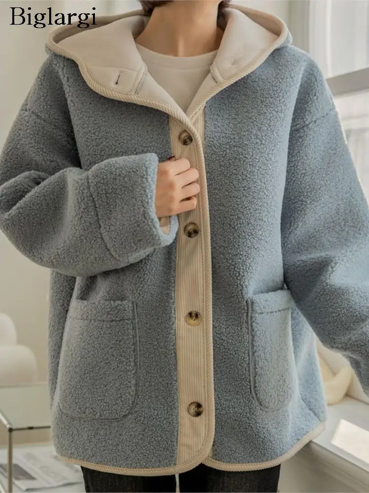 

Winter Hooded Teddy Furry Coat Women Patchwork Fashion Korean Loose Ladies Jackets Casual Long Sleeve Woman Jackets Coats 2023