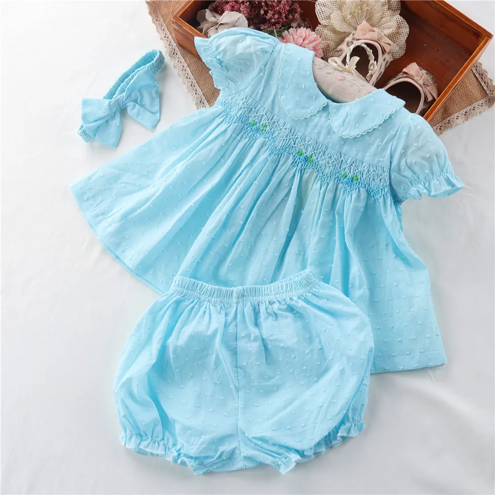 Summer Baby Girl Smocked Floral Dress Sets Shorts Headband Infant Toddler Embroidery Spanish Princess Dress 3Pcs