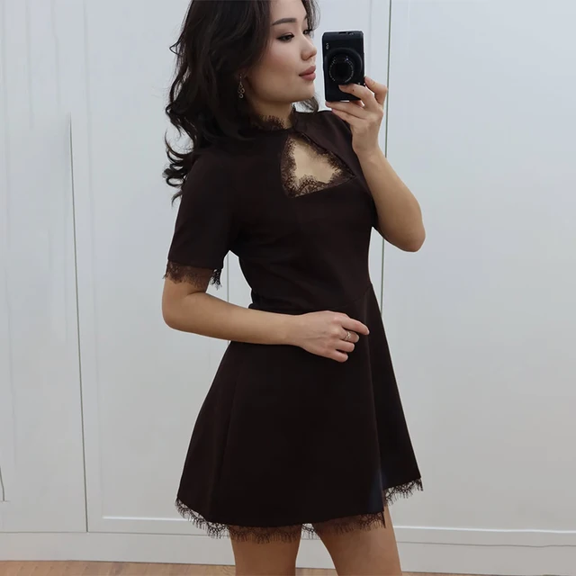 TARUXY Sexy Lace Spliced Stand Collar Dress Women Summer Solid Slim High Waist Short Sleeves Leisure Dress Female Party Dress 5
