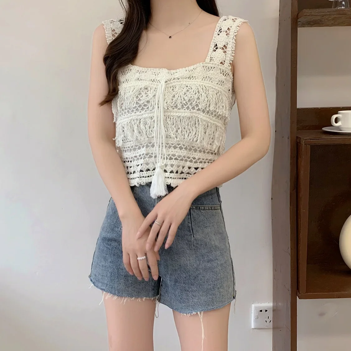 New Summer Korean Style Hollow Out Hook Fringed Design Sensibility Outerwear Sleeveless Shoulder Vest Beautiful Back Top