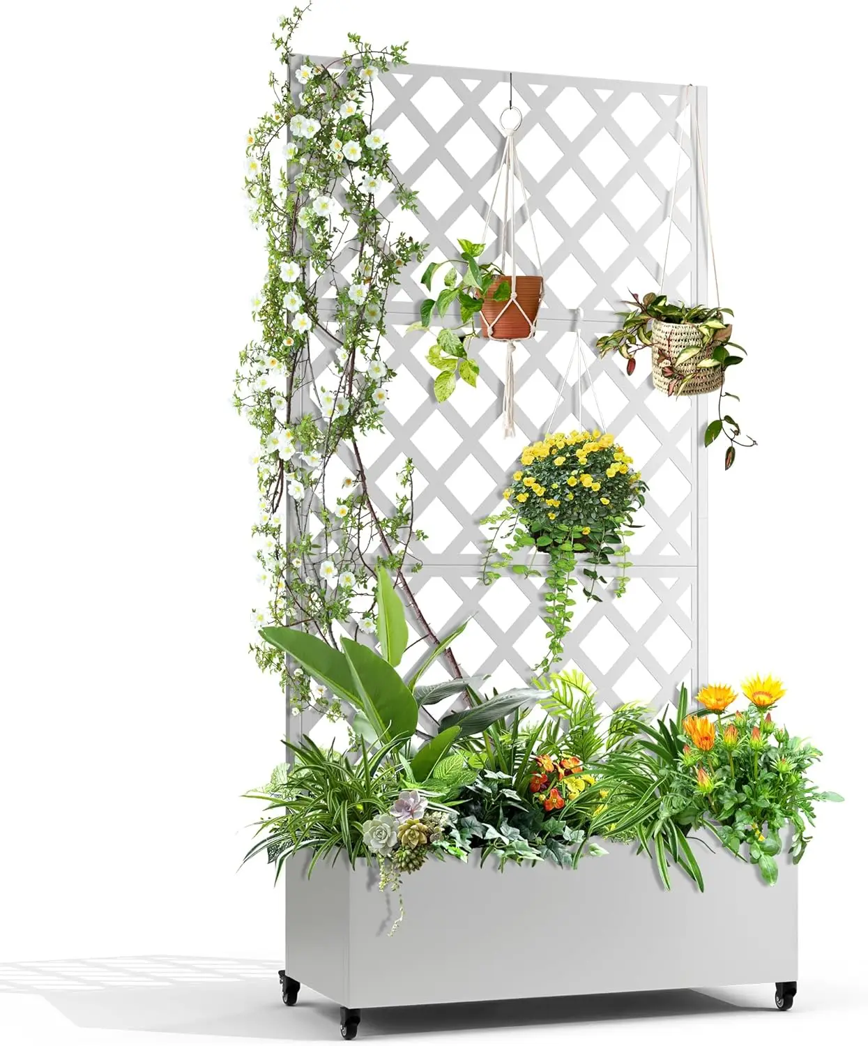 

Metal Planter Box with Diamond Lattice Trellis Planter Box for Climbing Plants/Vines, Galvanized Raised Garden Bed On Wheels