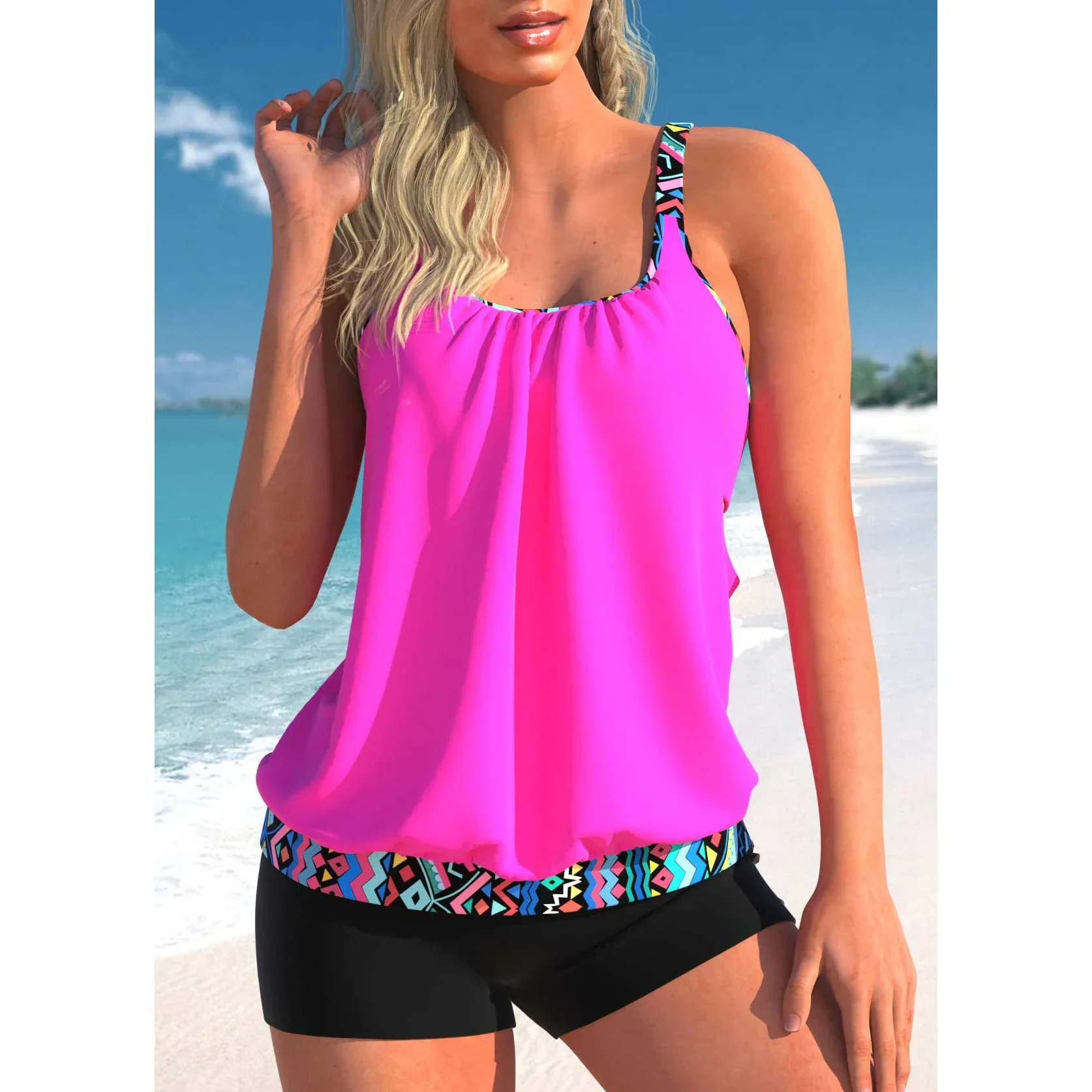 Women's Quality Summer Vacation Swimwear, Blue Palm Leaf Printed Top and Halter Beach Swimsuit S-6XL