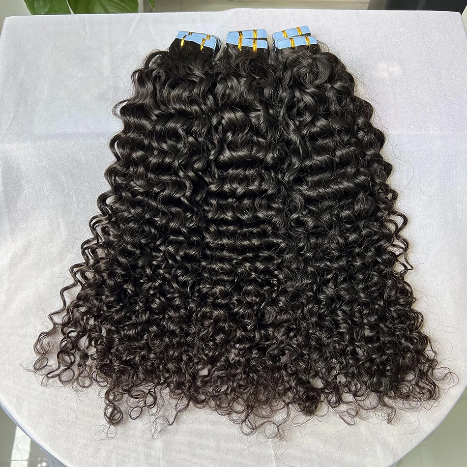 PU Tape In Hair Extensions Deep Curly Human Hair 4x0.8 cm Seamless Weft Hand Tied Adhesives Tape-Ins 100grams Wavy Virgin Hair 5