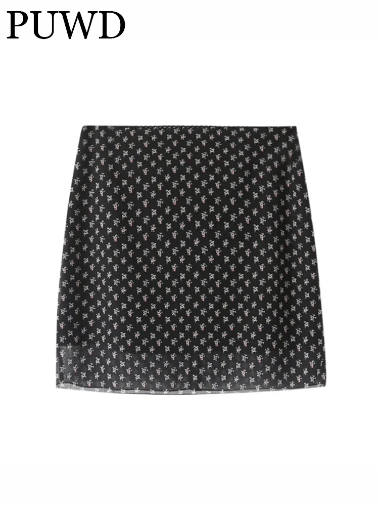 

PUWD Women Voile Black Floral Print Short Skirt 2022 Summer Fashion Ladies Sexy Breathable Girl Next Door Fashion Style Bottoms
