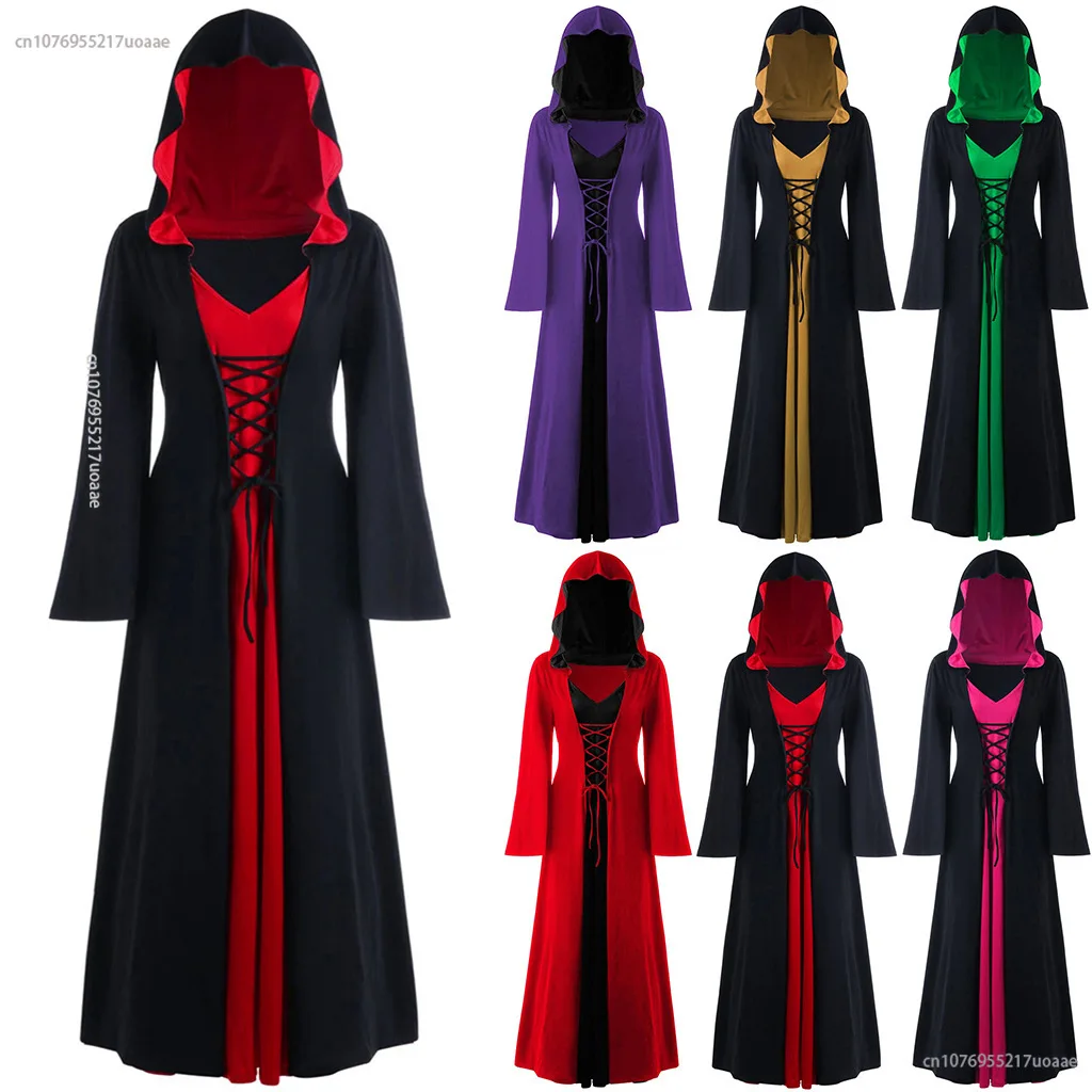 

Medieval Dress For Women Lace-up Vintage Hooded Cloak Robe Adult Costume Retro Cosplay Halloween Scary Vampire Witch Long Dress