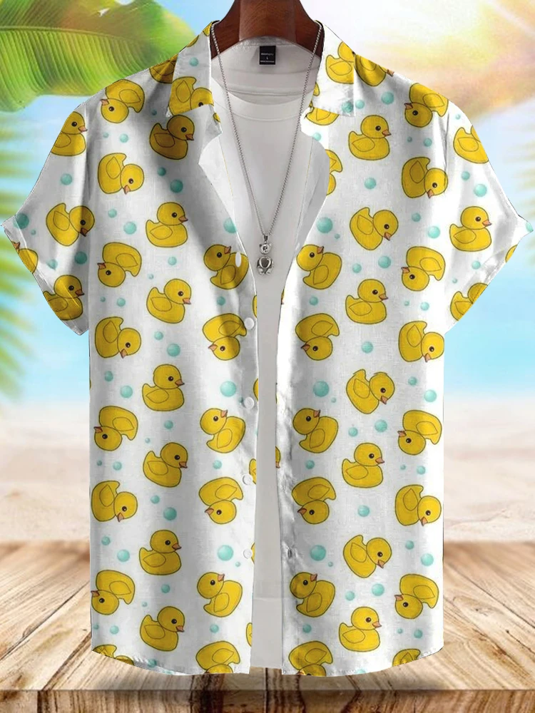 2024 Hawaii New Men's Short-sleeved Shirt Fashionable Yellow Duck Print Men's Casual Shirt Summer Street Daily Men's Shirt 3