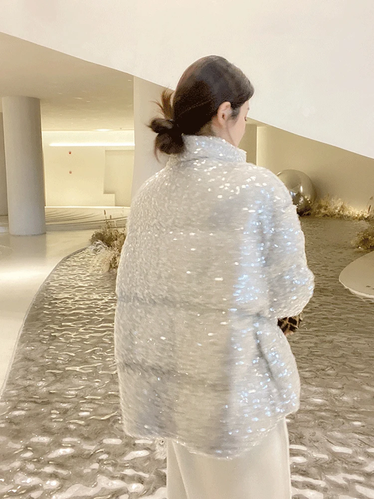 Luxury Women Sliver Sequined down jacket 2023 Winter Thick warm Turtleneck Puffer coat Oversized Outwear White Chic INKEO 3O126