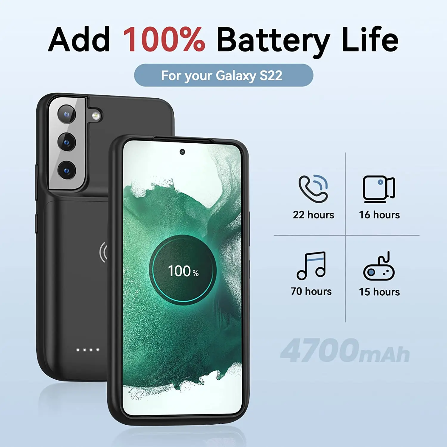 NEWDERY 갤럭시 S22 배터리 케이스, Qi 무선 충전 케이스, 안드로이드 자동 전송 데이터 지원, 4700mAh