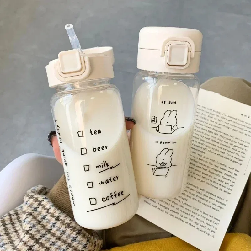 520ml Cute Plastic Drinking Bottle with Straw Cartoon Water Bottle Portable Leak-proof Drinkware for Drinking Milk Coffee Tea