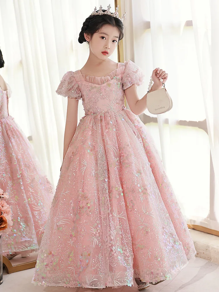 

Baby Girls Sequined Long Dress Young Girls Puff Sleeves Pink Ball Gowns Children Princess Birthday Pageant Graduation Party Wear