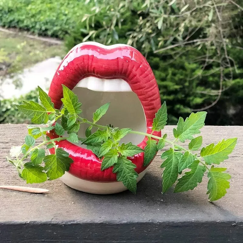 Teeth Ceramics Flowers Pots cigarettes ashtray ceramic ashtray Cute Lips Vase Green Planter Mini Ashtray China Personality Mouth Flower Vase Fashion Home D