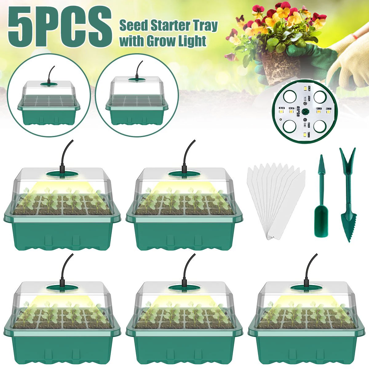 1pc/5pcs 8 LEDs Full Spectrum Grow Plant Light 12 Holes Per Tray USB Powered Humidity Adjustable for Greenhouse Seedling Starter