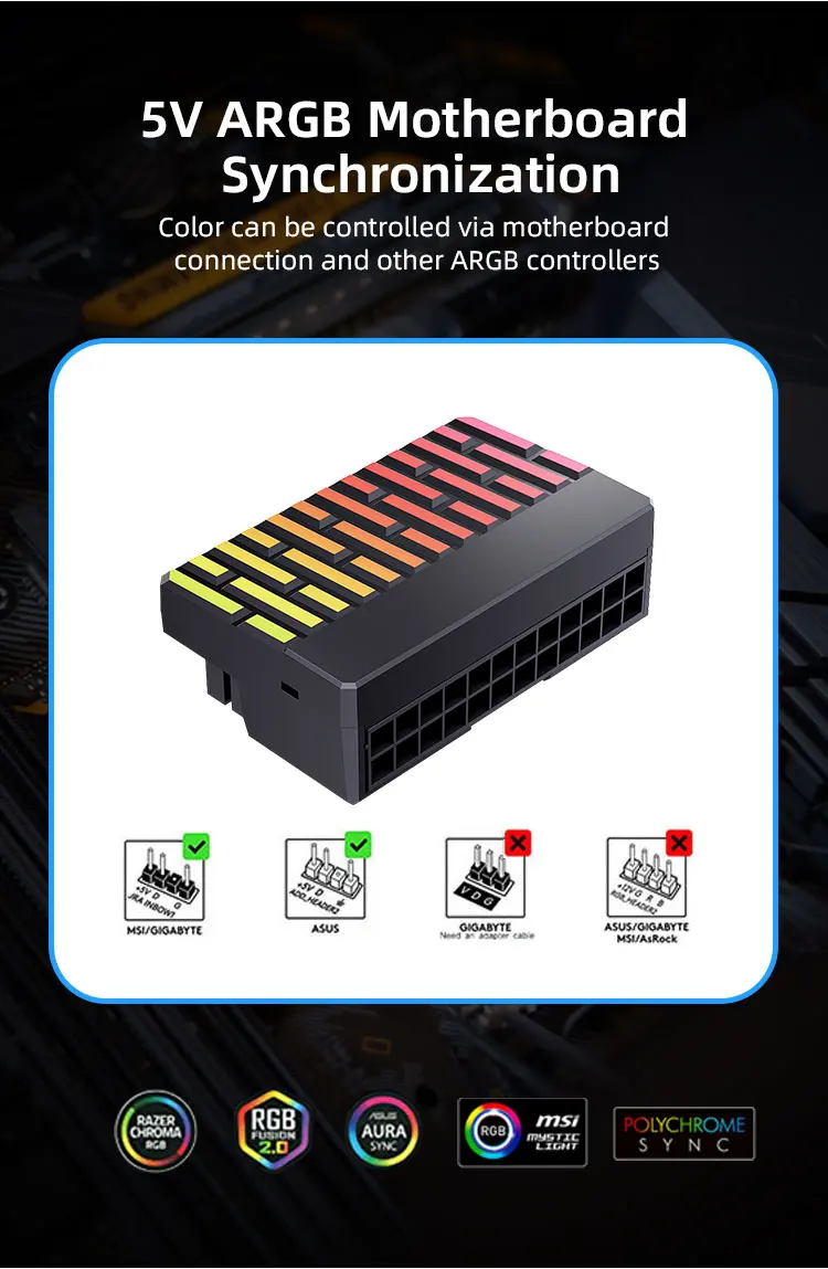 TEUCER ATX 24-pin 90 Degree Power Connector Adapter 5V 3Pin ARGB Female to Male