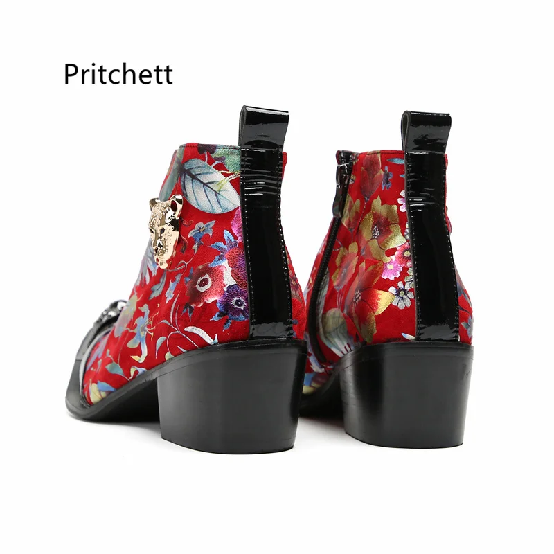 Metal Pointed Toe High Heels Men's Boots Printed Zipper Handmade Genuine Leather Ankle Boots Formal Party Banquet Male Shoes
