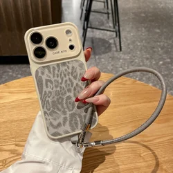 Leopard Print Matte Leather Phone Case with Wristband and Shockproof Bumper - iPhone 15 (Gray)