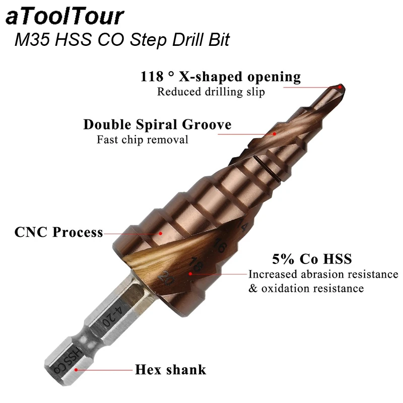 

M35 5% Cobalt Step Drill Bit Tapered HSS CO Cone Hex Shank Metal Drill Bits Tool Hole Cutter For Stainless Steel Spiral Groove