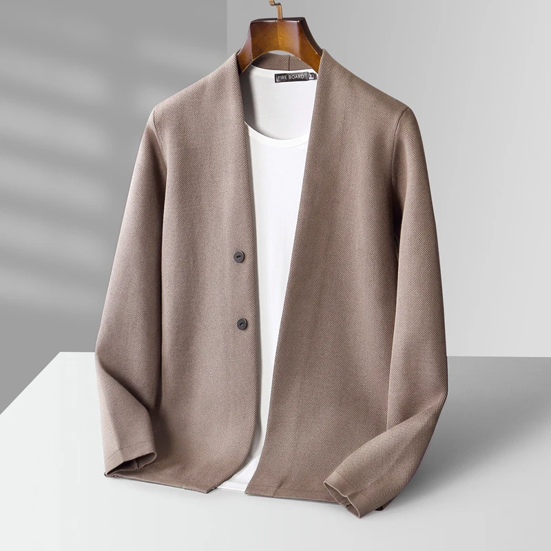Autumn and winter new men's high-end V-neck solid color long-sleeved cardigan 100% pure wool leisure business coat