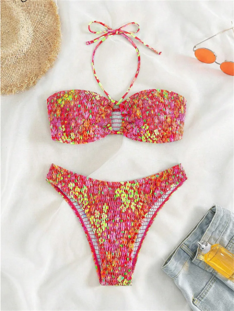 2024 New Bikinis Swimwear Women Push Up Swimsuit 2 Pieces Bikini Set Smocked Print Bathing Suit Beach Wear Summer Biquini Female