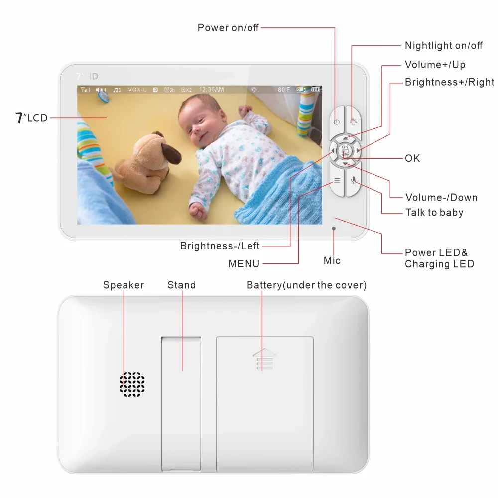 Baby Monitor with 2 Cameras 7" Large Display Audio and Video Surveillance 2-Way Talk 4000mAh Battery Infrared Night Vision VOX Sd571aec535674d9bb2ad816cc3061a70h