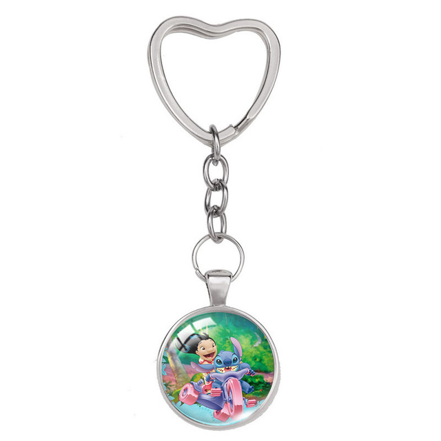 Lilo & Stitch Anime Figure Alloy Glass Heart-shaped Key Ring Key Chain Bag Accessories Children's Toys Birthday Gifts