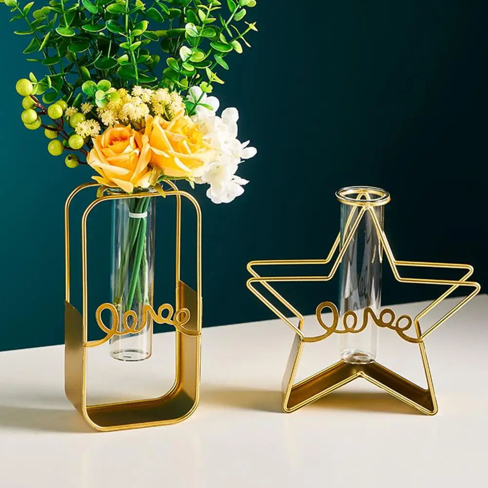 Hollow Geometric Golden Glass Vase Hydroponic Plant Holder Iron Flower Planter Hydroponic Container home decor ваза для цветов 5