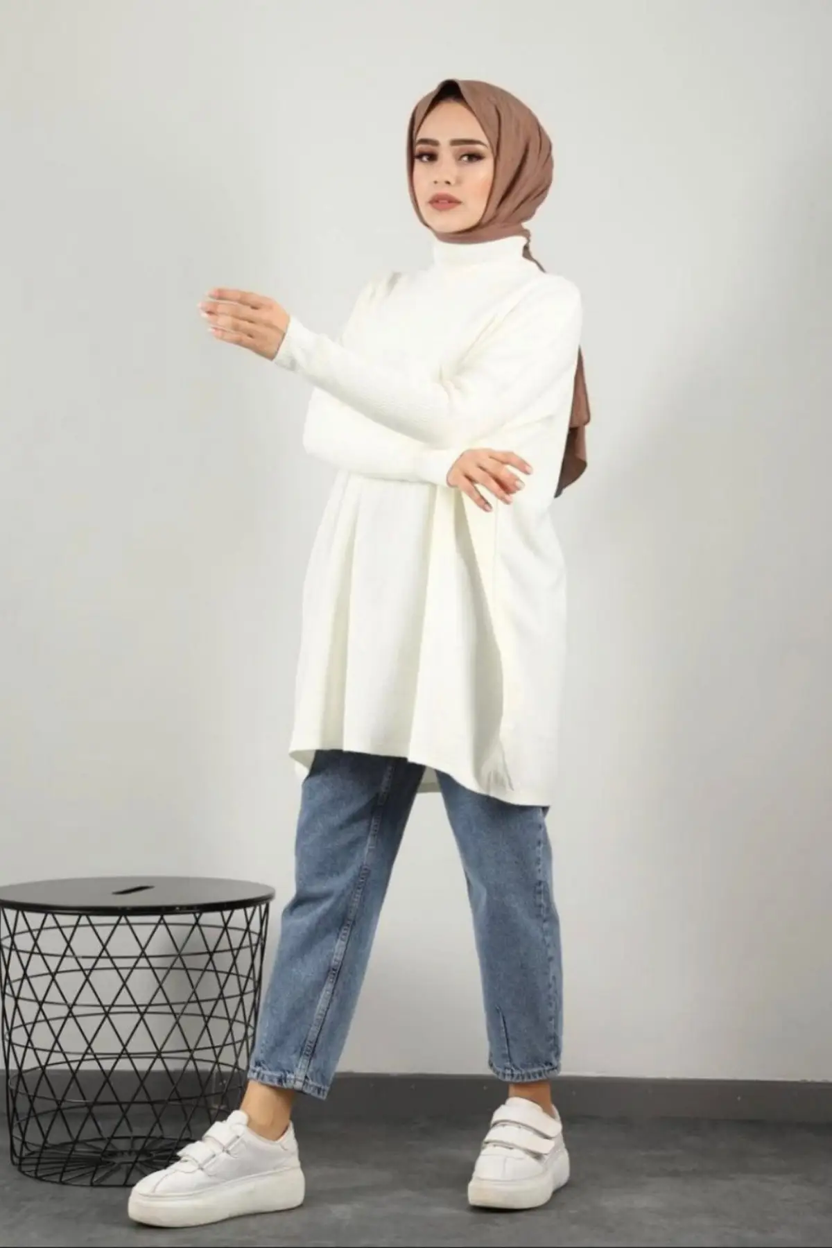 

Women's White Half Fisherman Collar Knitwear Panço Sweater Tunic Plain Long Hijab Blouse & Clothing