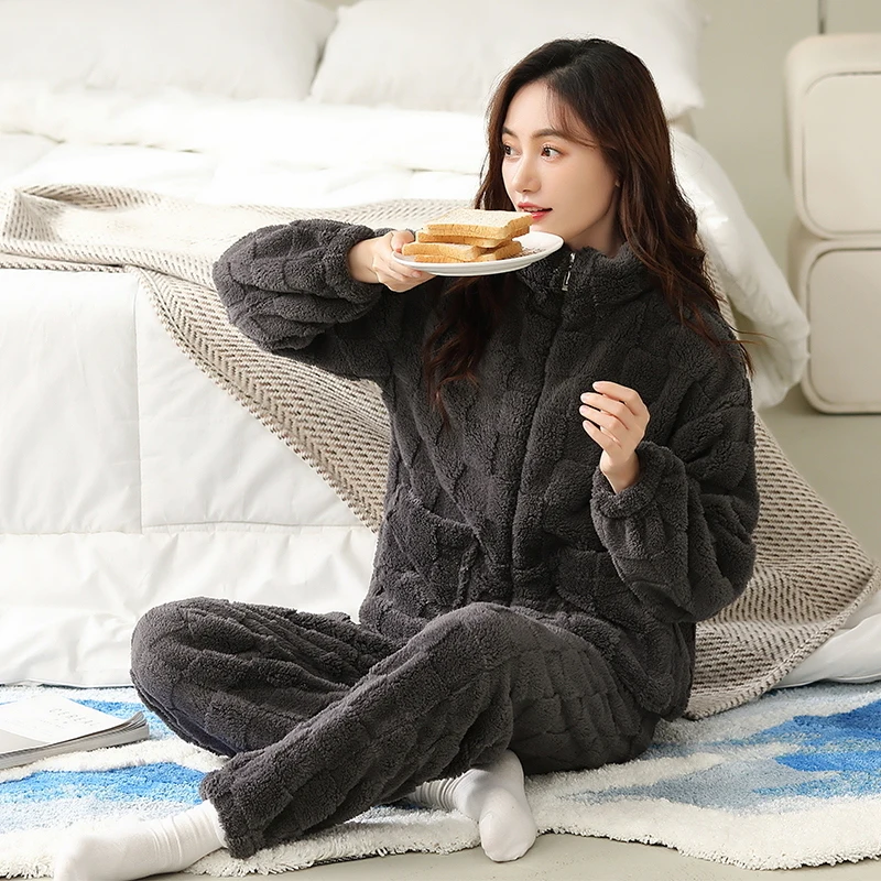 Conjunto de pijamas de franela para mujer, ropa de dormir de talla