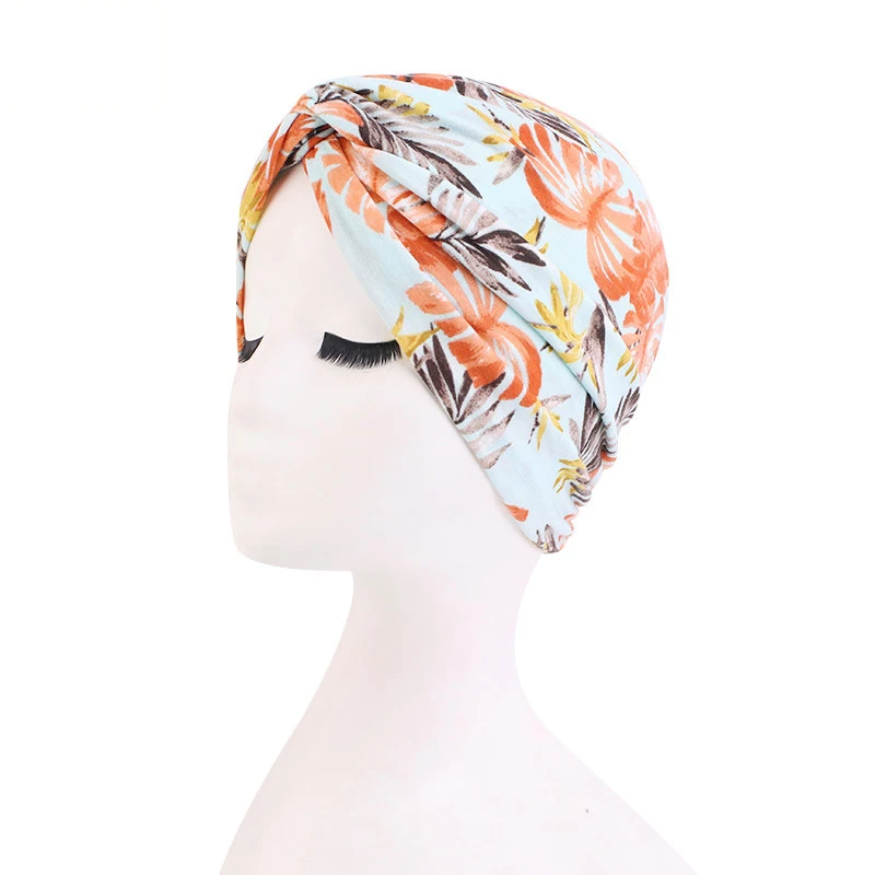 

2024 New Women Print Flower Twist Knot Cancer Ruffle Chemo India Hat Beanie Scarf Turban Head Wrap Cap Hair Loss Accessories