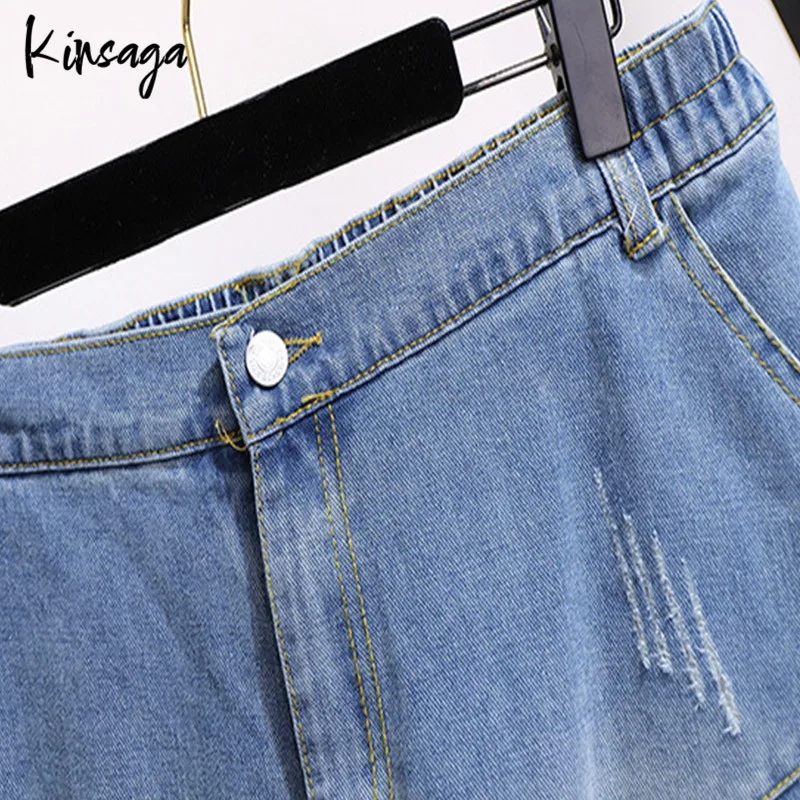 Plus Size Ripped Holes Knee Length Jean Capris Mom 6xl Grunge Slouchy Elastic High Waist Fray Revers Half Demin Trousers Female