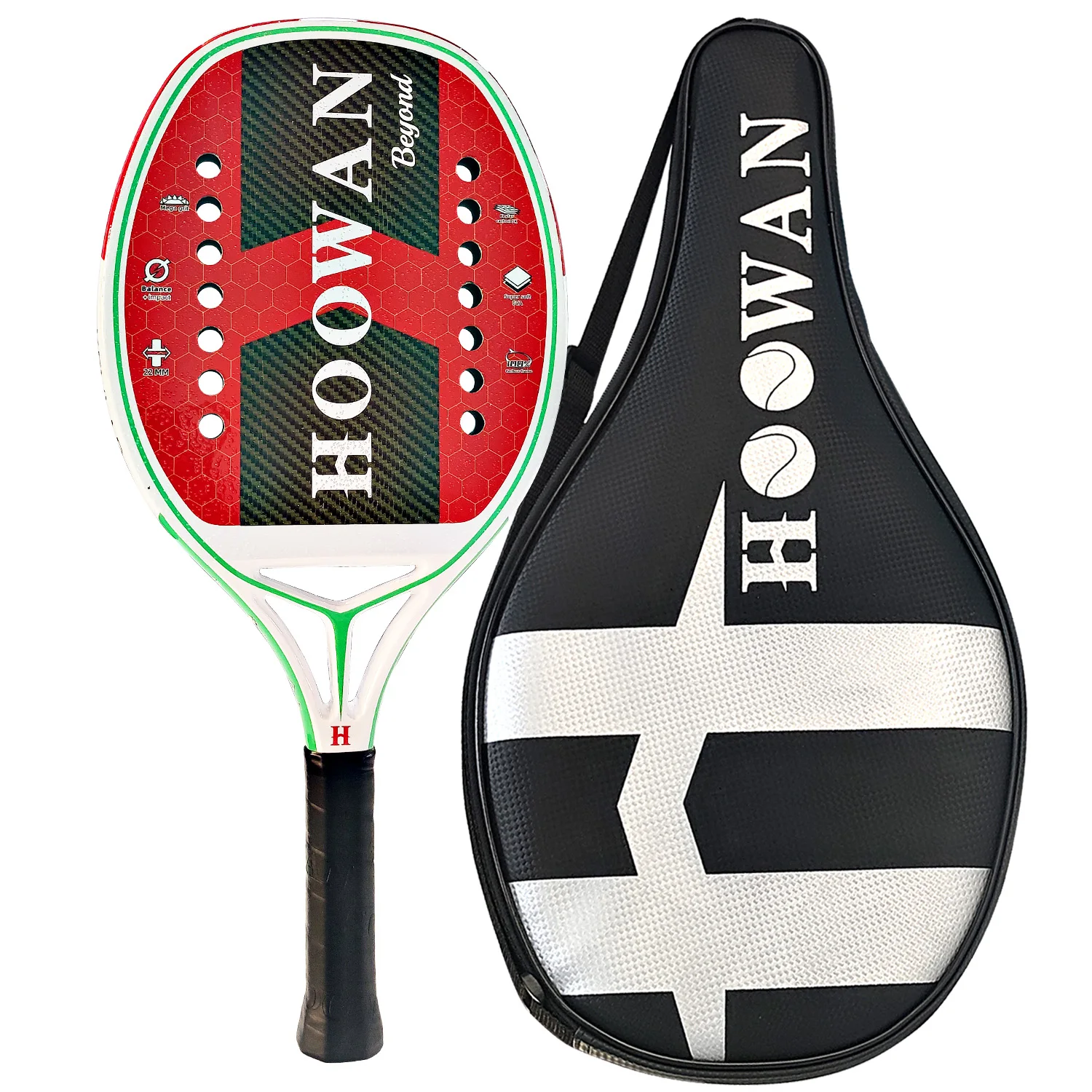HOOWAN Beach Tennis Racket Professional Carbon Fiber Surface Soft Black EVA Core