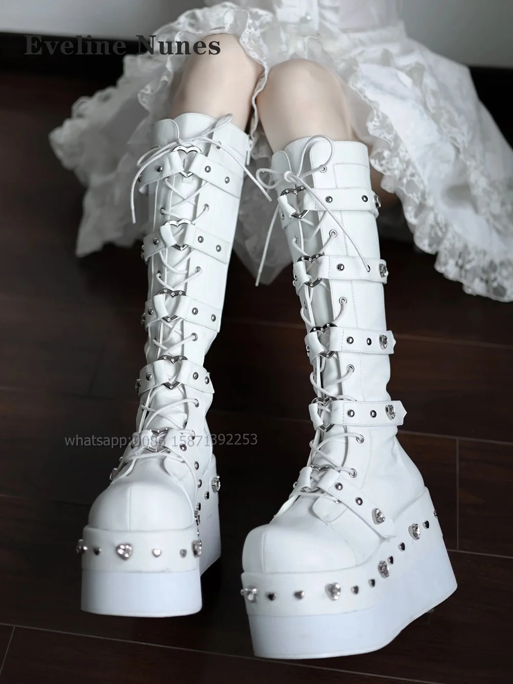 

Heart-Shaped Rhinestone Platform Booty Round Toe Height Increasing Cross Tied Belt Buckle Knee High Boots Zip Spicy Girl Shoes